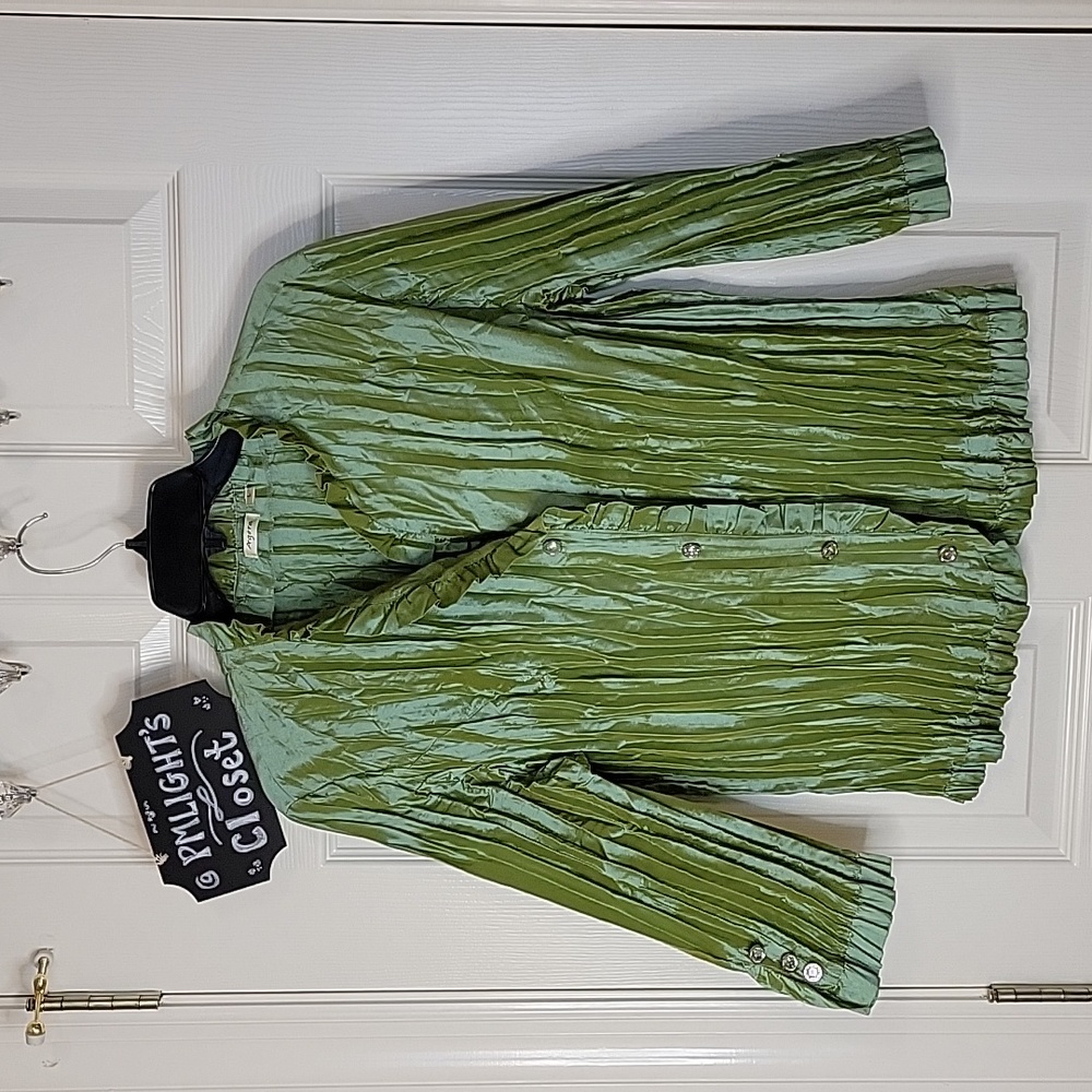 Agora Large Green Blouse Pleated Ruffle Silver Crystal Buttons